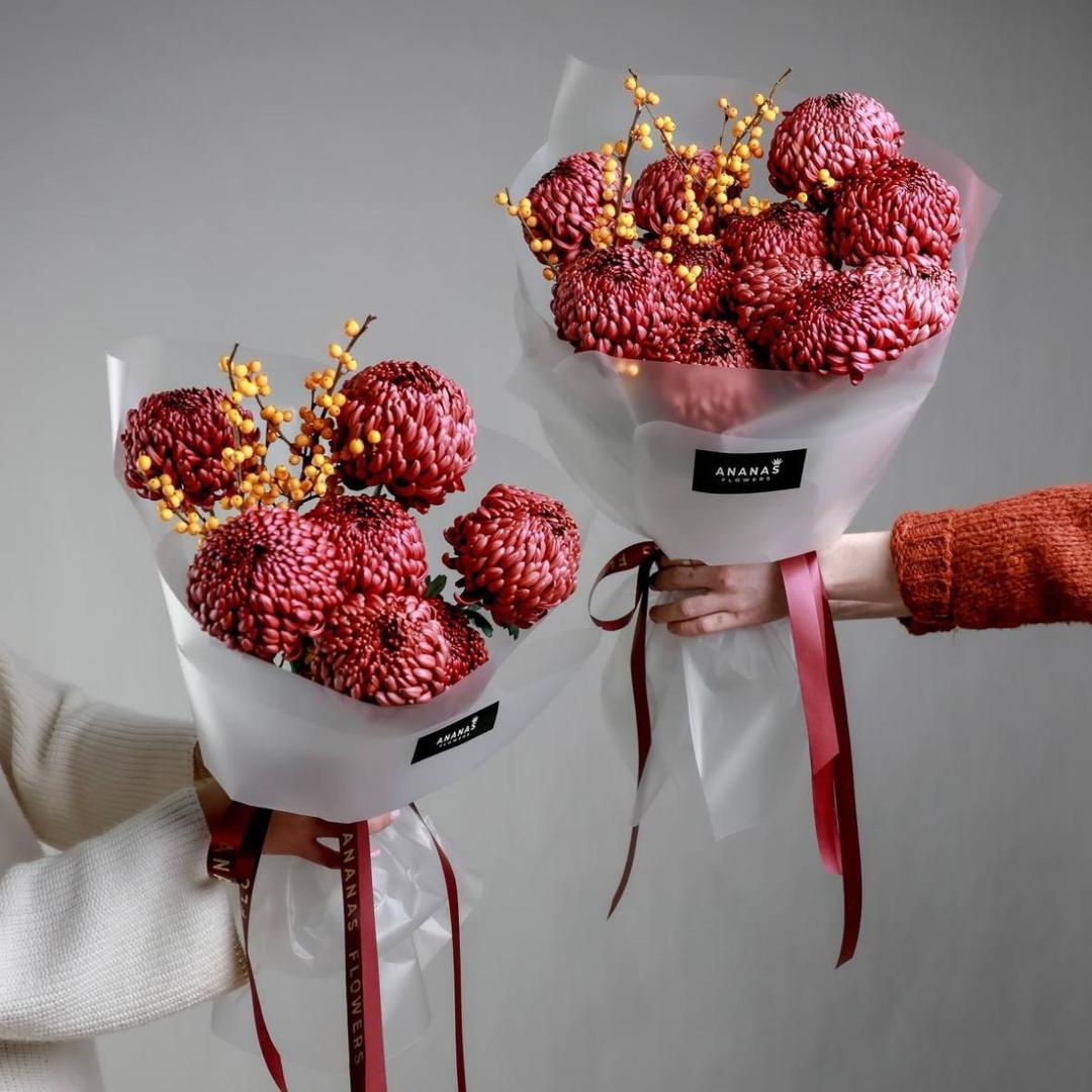 Дуобукет с хризантемой Bigoudi и илексом (в двух рзамерах)